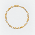 A gold chain necklace with small clear diamonds set between each link, arranged in a circle on a light gray background.