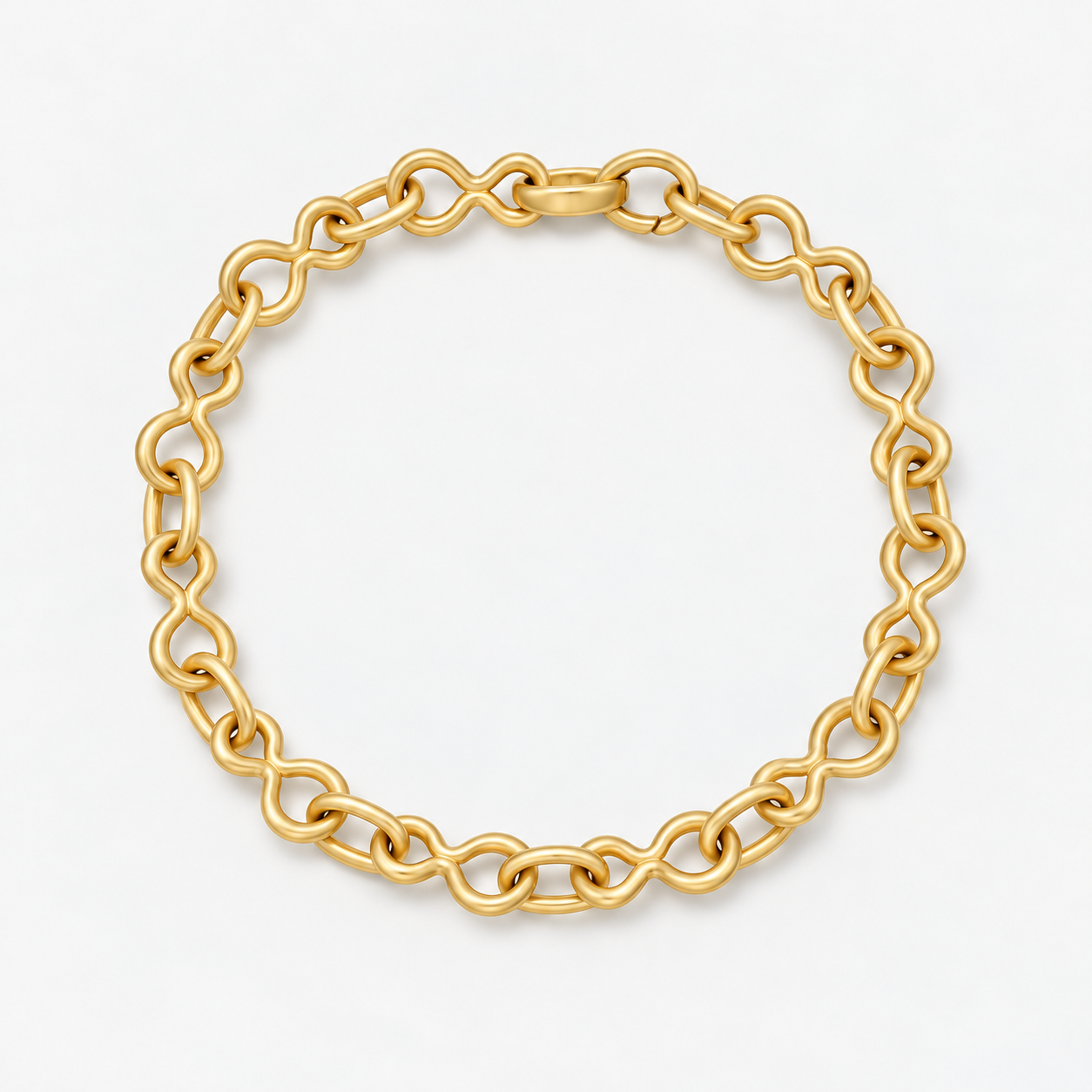 A gold chain bracelet with alternating large and small interlocking links, arranged in a circle on a clean white background.