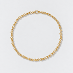 A gold 8 shaped chain necklace with a small lobster clasp, displayed in a neat circle on a light gray background.