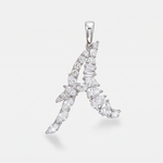 A white gold pendant shaped like the letter 'A', made from with mixed cut diamonds, shown on a light gray background.