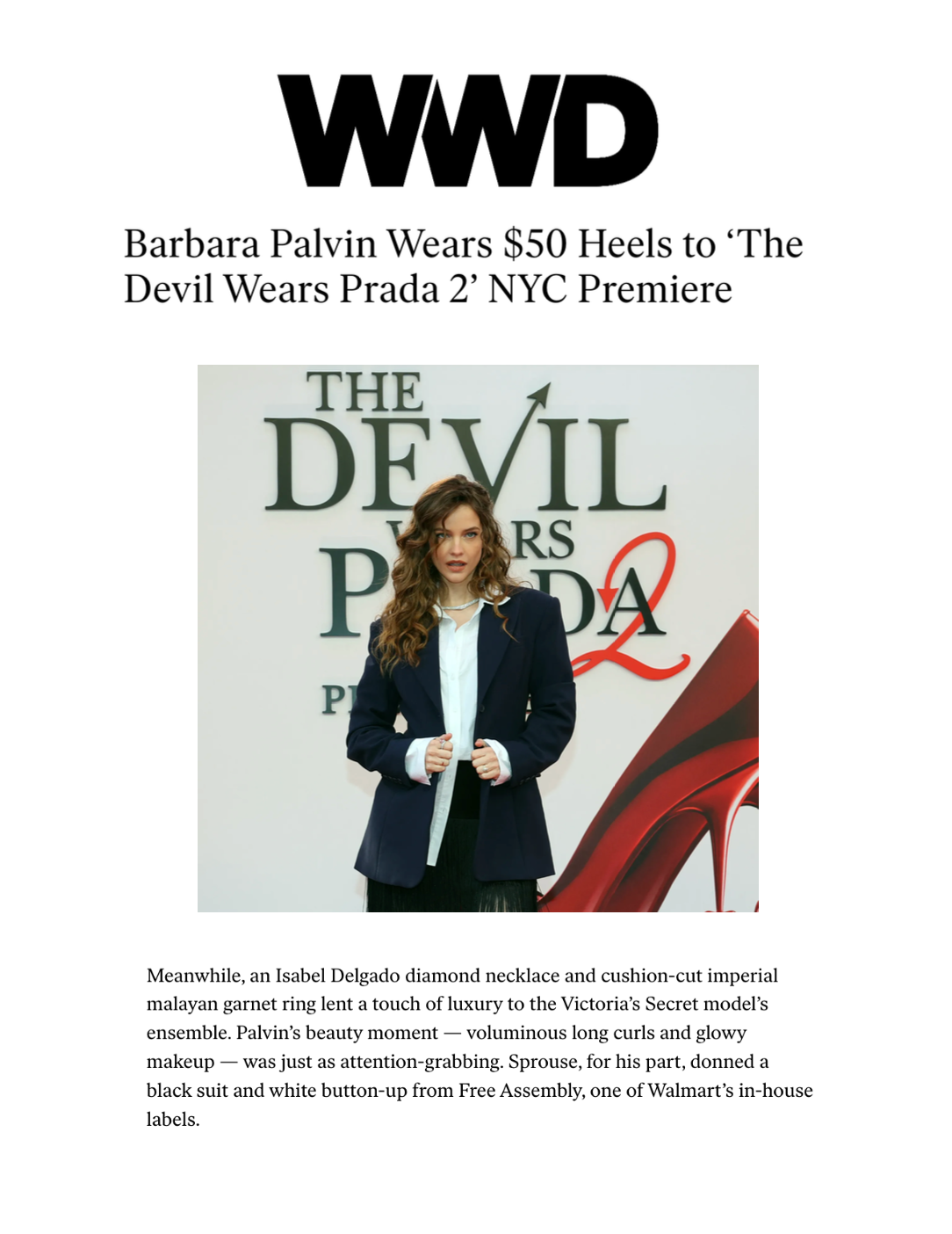 Barbara Palvin wore the Sophie diamond necklace designed by isabel Delgado to the premiere of devil wears prada featured in wwd