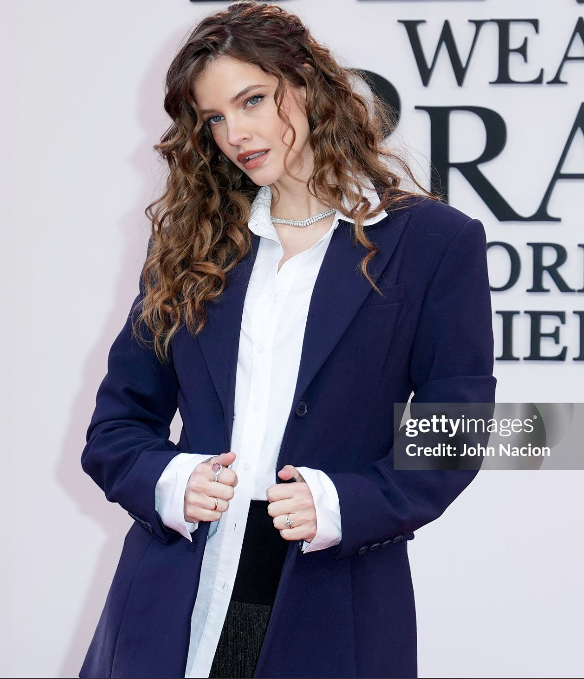 Barbara Palvin wears the Sophie diamond necklace and the Maria diamond wave ring to the premiere of Devil Wears Prada 2, styled by Marc Eram.
