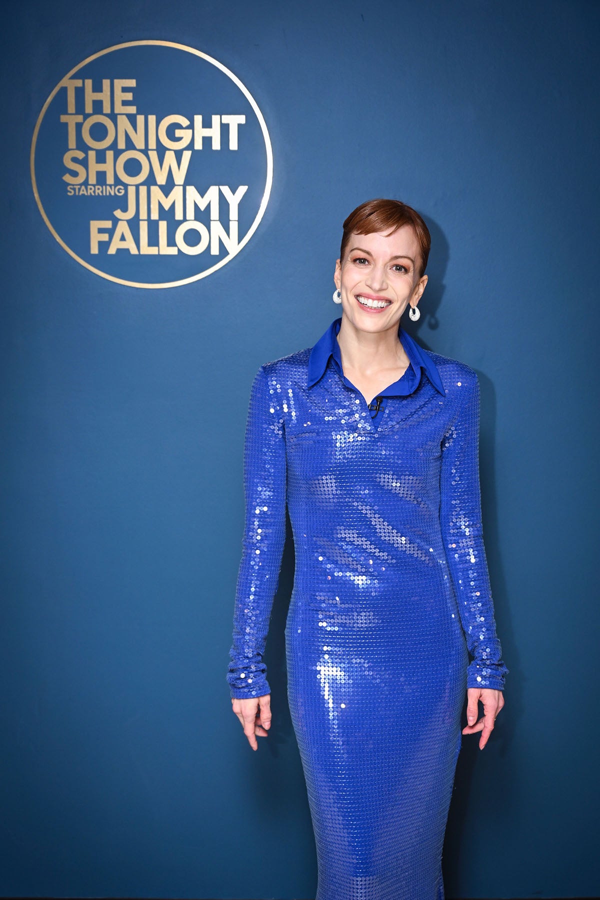 Britt Lower wears the Bombe diamond hoops to Jimmy Fallon styled by Rose Forde. 