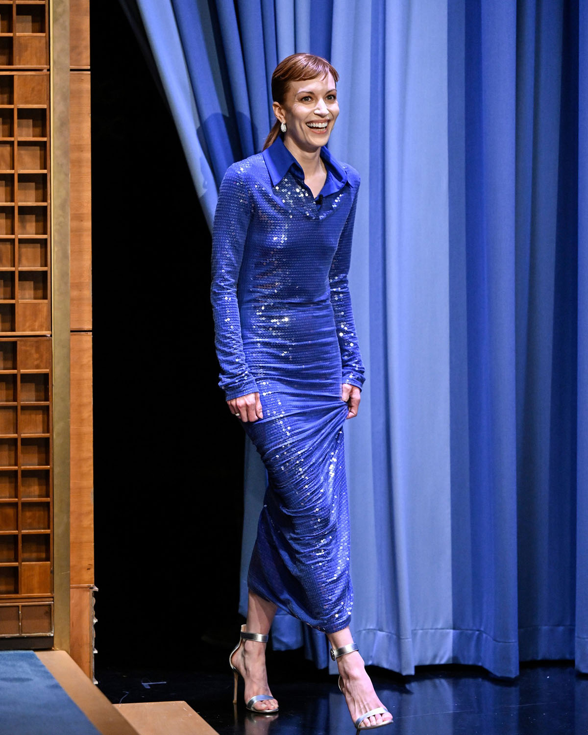 Britt Lower wears the Bombe diamond hoops to Jimmy Fallon styled by Rose Forde. 