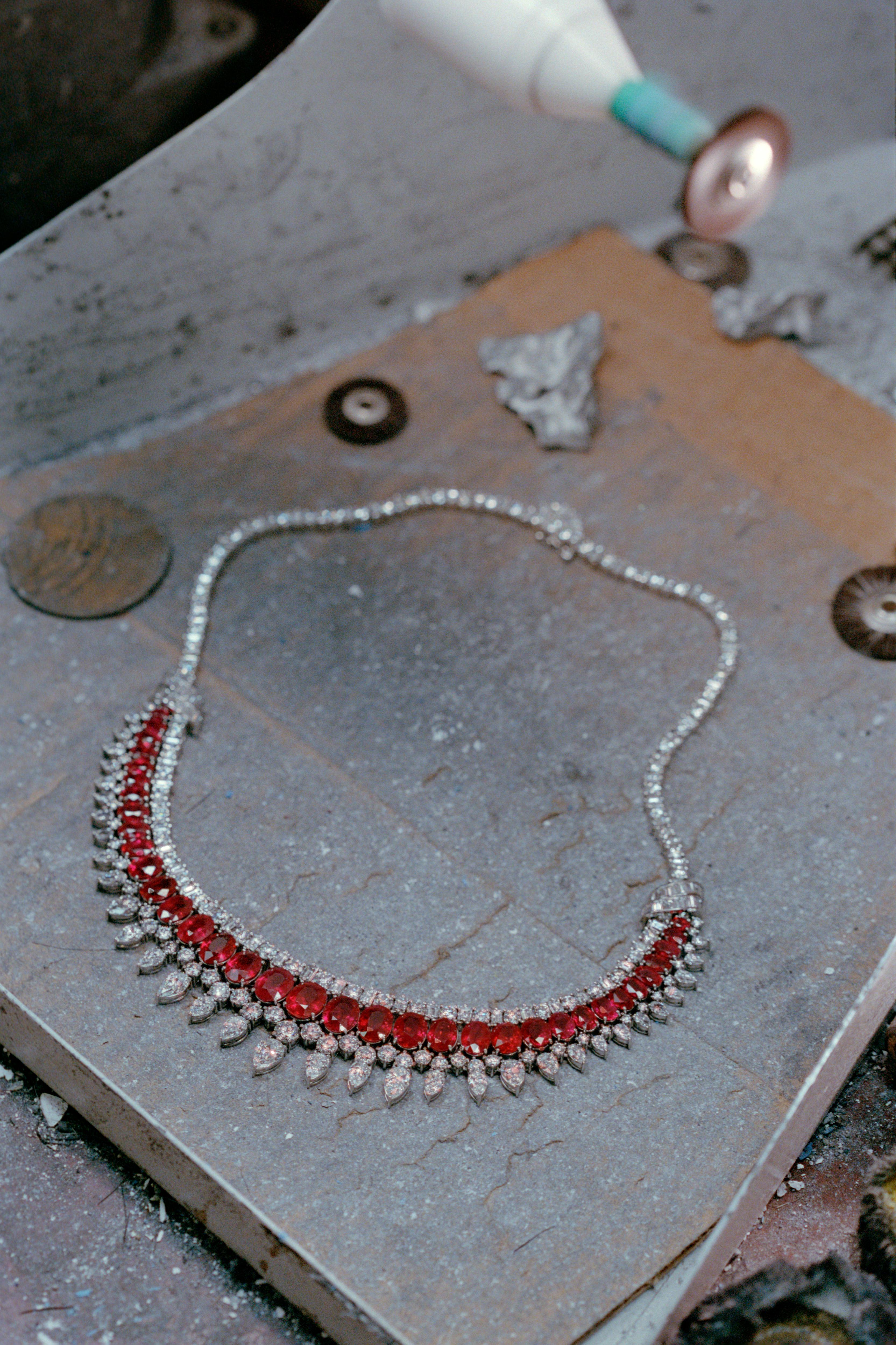 Burmese pigeon blood ruby and diamond necklace set in Platinum by Isabel Delgado