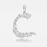 A silver letter C pendant charm made from mixed cut diamond gemstones, shown on a light gray background.