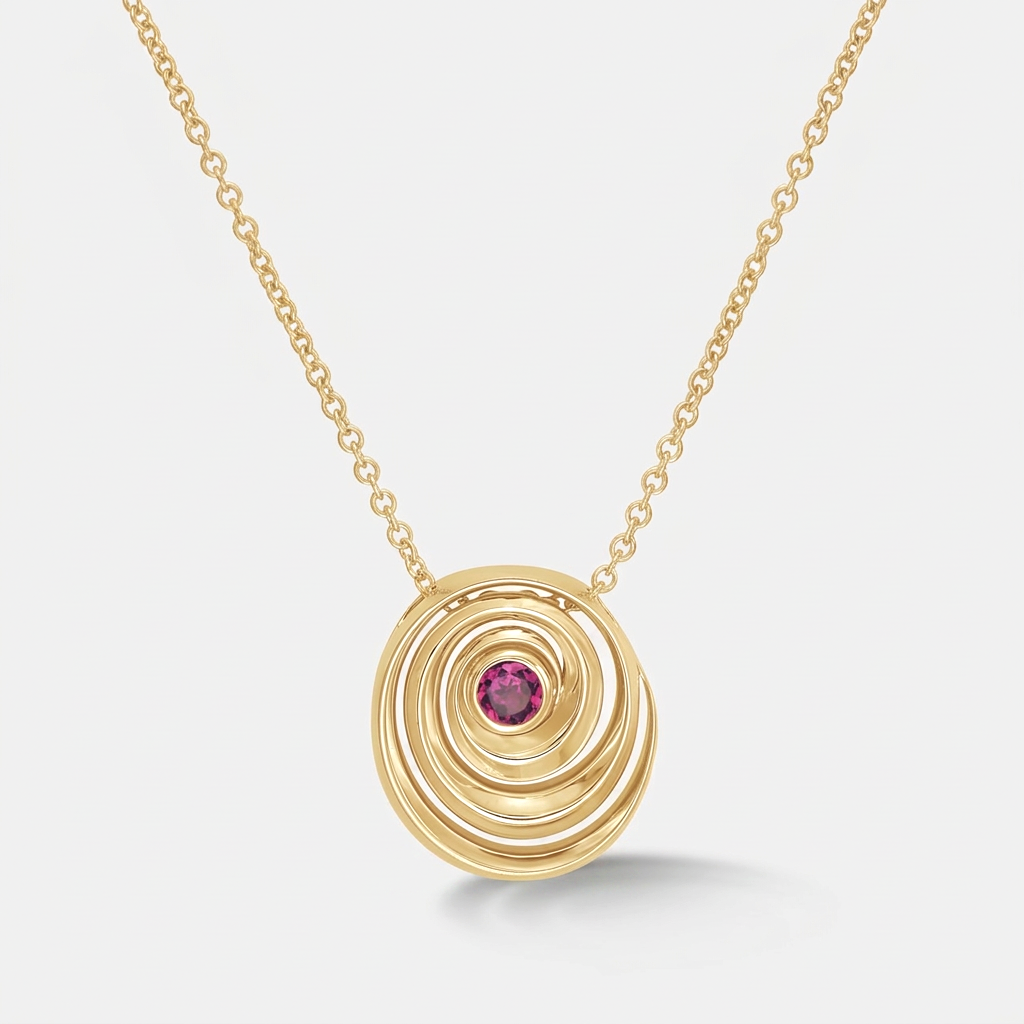 A gold spiral pendant necklace featuring a small round pink gemstone at the center, suspended from a delicate gold chain against a light gray background.