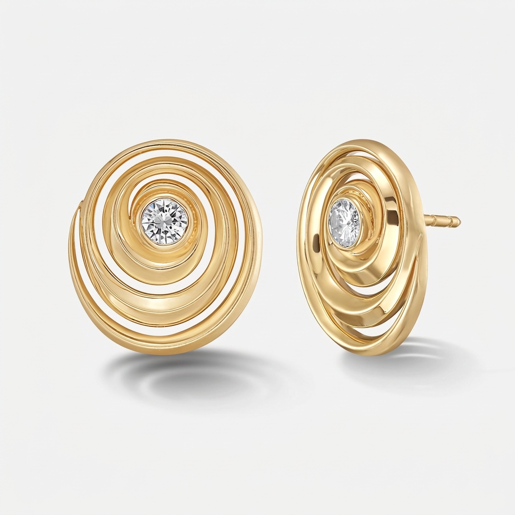 A pair of gold spiral stud earrings with a diamond at the center, shown on a light gray background.