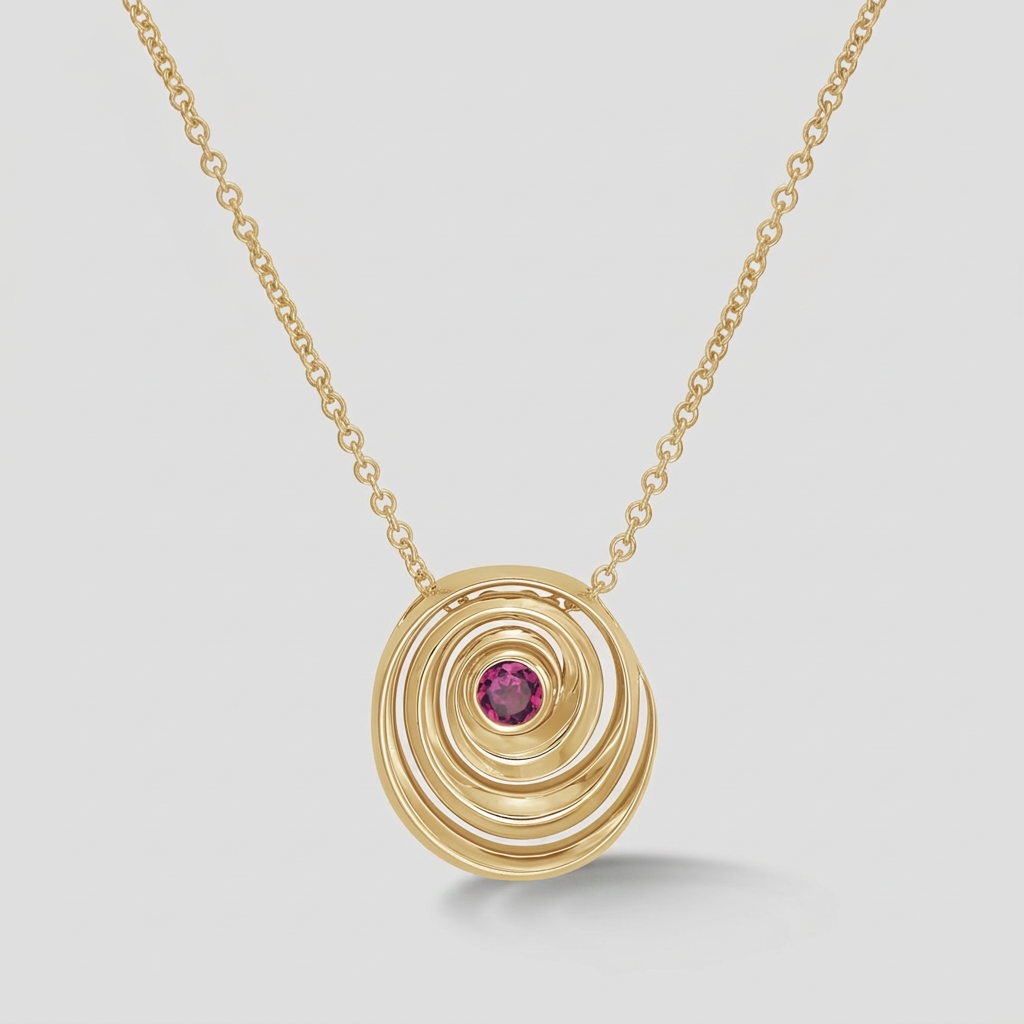 A gold spiral pendant necklace featuring a small round pink gemstone at the center, suspended from a delicate gold chain against a light gray background.