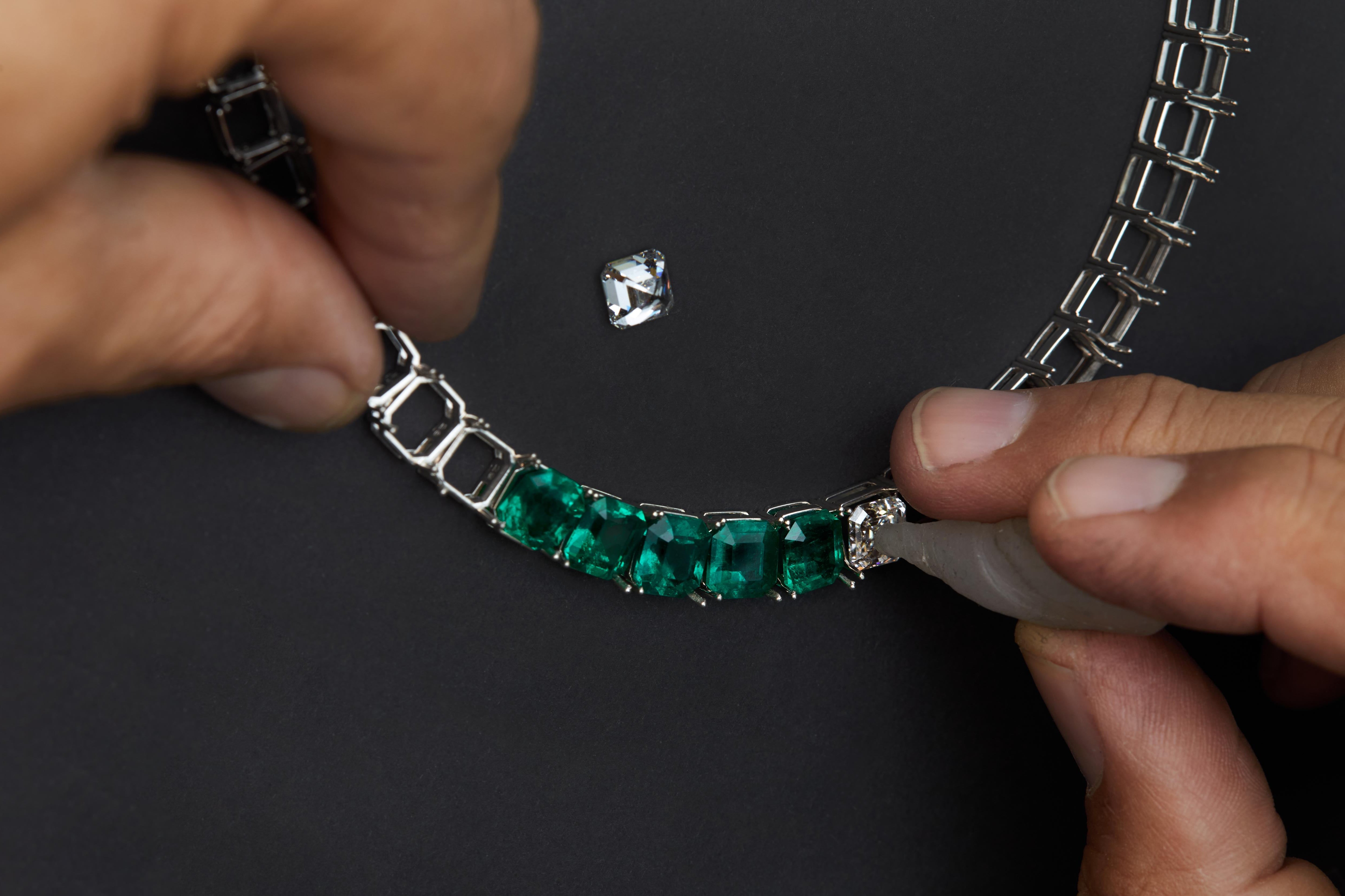 Colombian emerald and diamond necklace set in platinum by designer Isabel Delgado