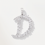 A d shaped diamond pendant made from mixed cut diamonds in white gold
