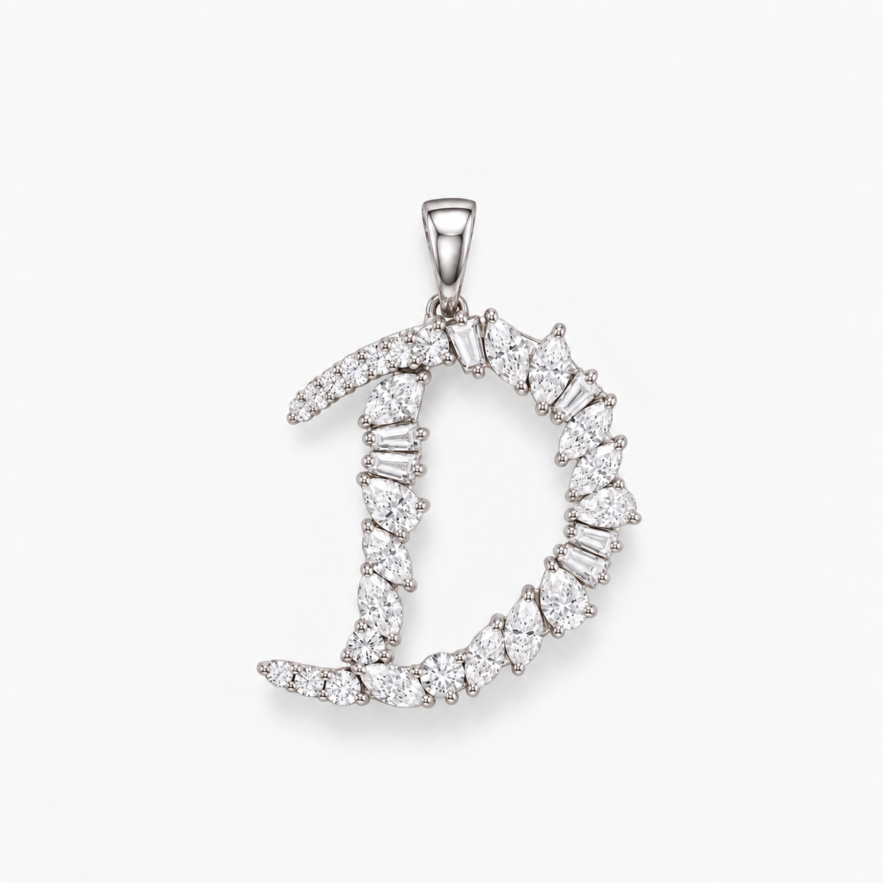 D diamond initial made with mixed cut diamonds