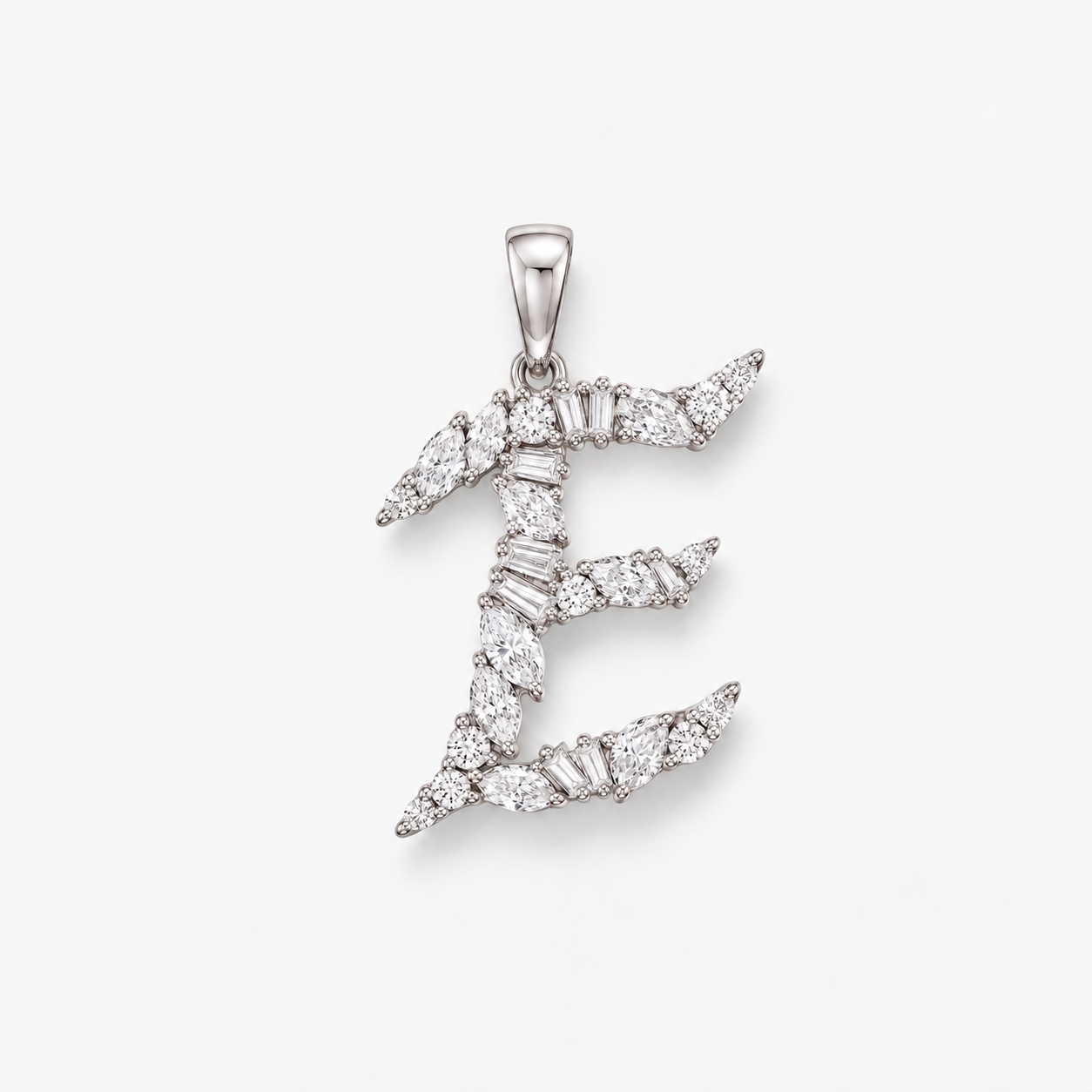 A silver pendant shaped like the letter 'E', adorned with clear marquise-cut and round-cut gemstones, shown on a light gray background.