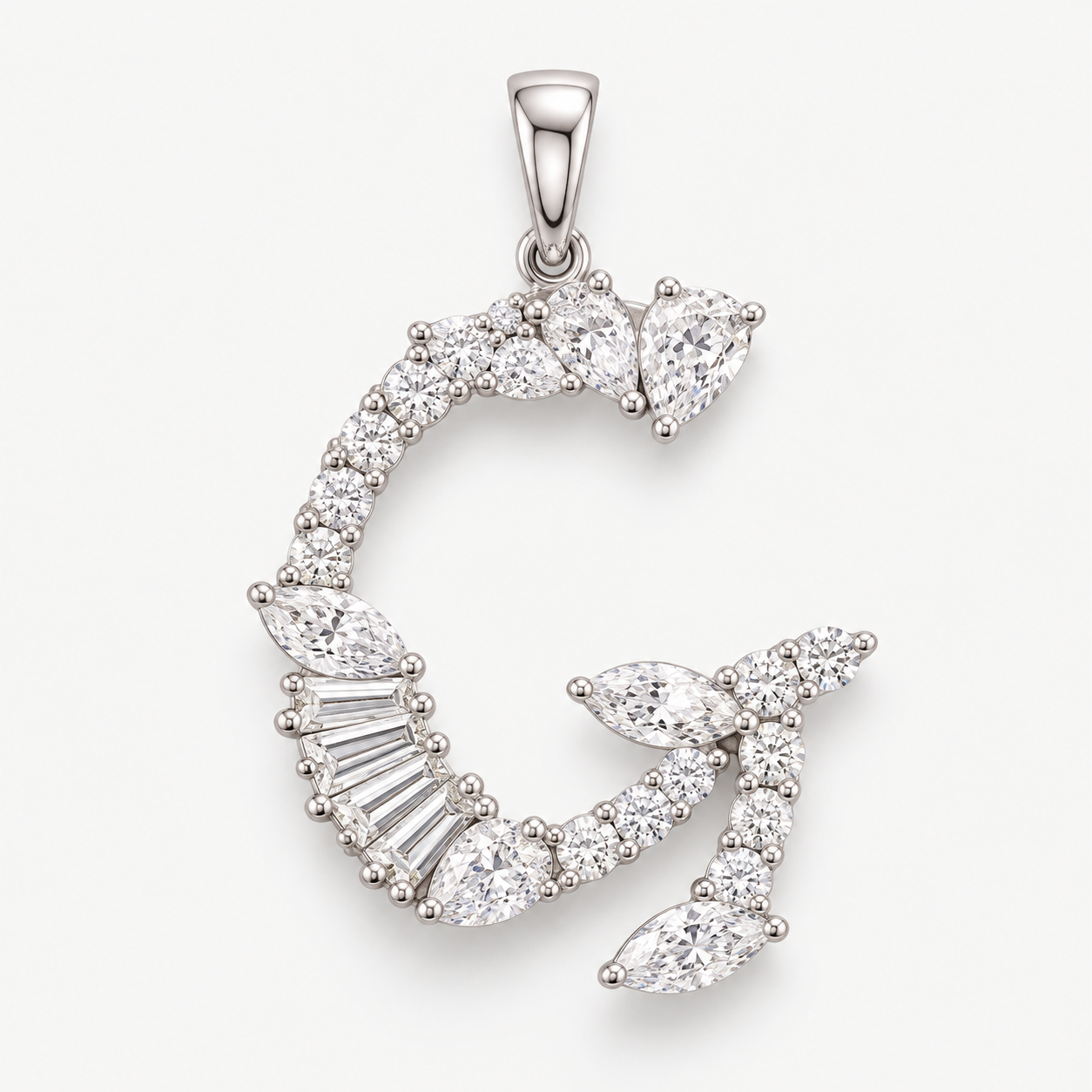 A silver-toned pendant shaped like the letter G, adorned with clear marquise and baguette-cut gemstones, shown on a light gray background.