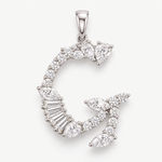 A silver-toned pendant shaped like the letter G, adorned with clear marquise and baguette-cut gemstones, shown on a light gray background.