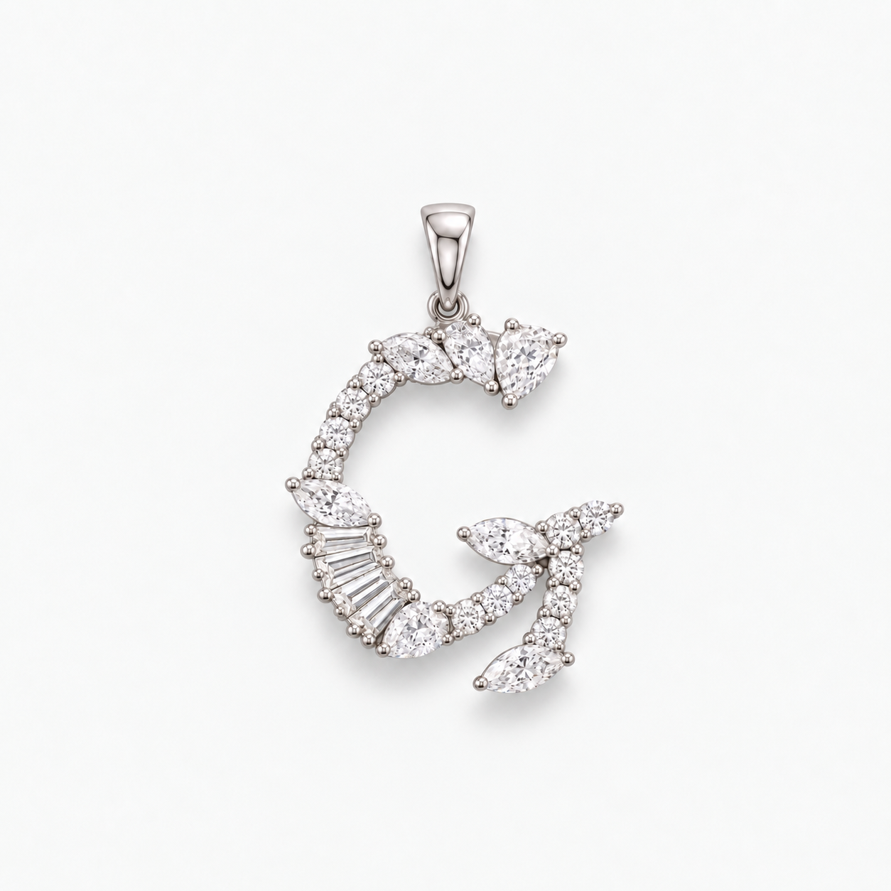 mixed cut diamonds form a G shape