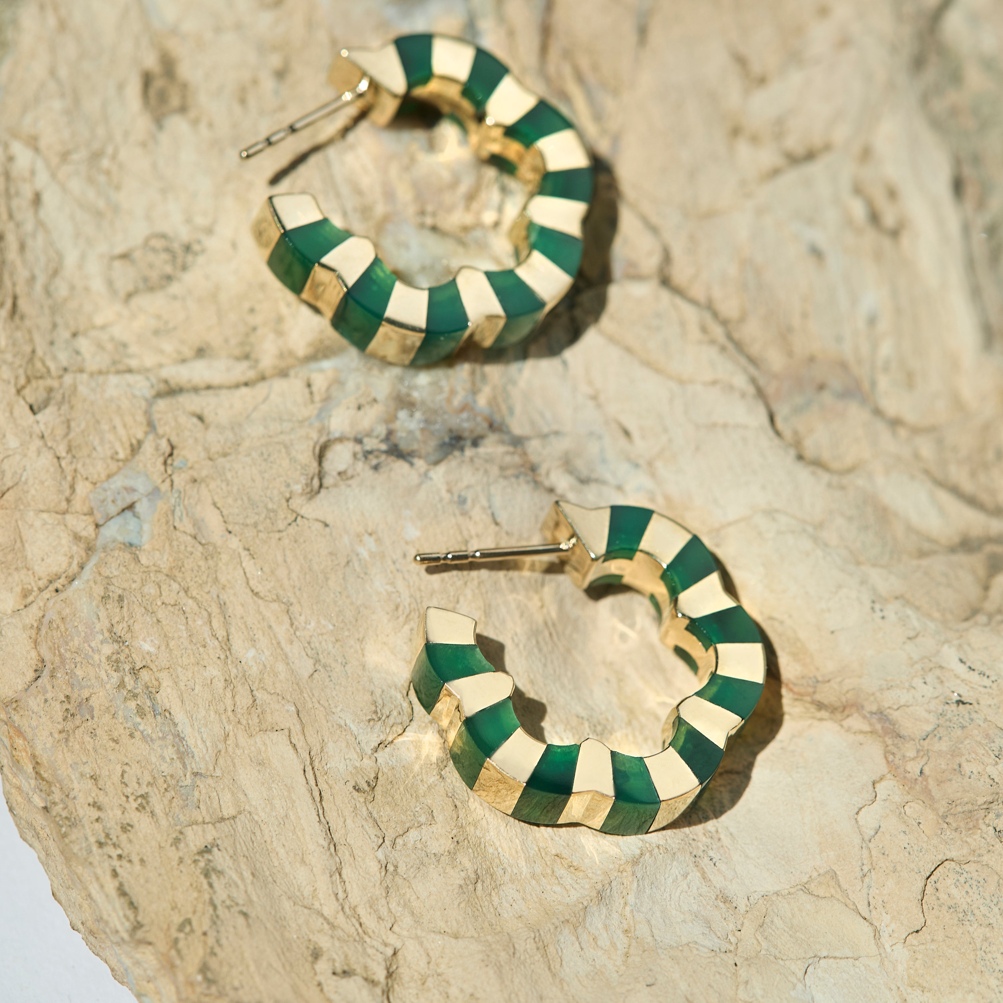 green agate carved hoops designed by Isabel Delgado