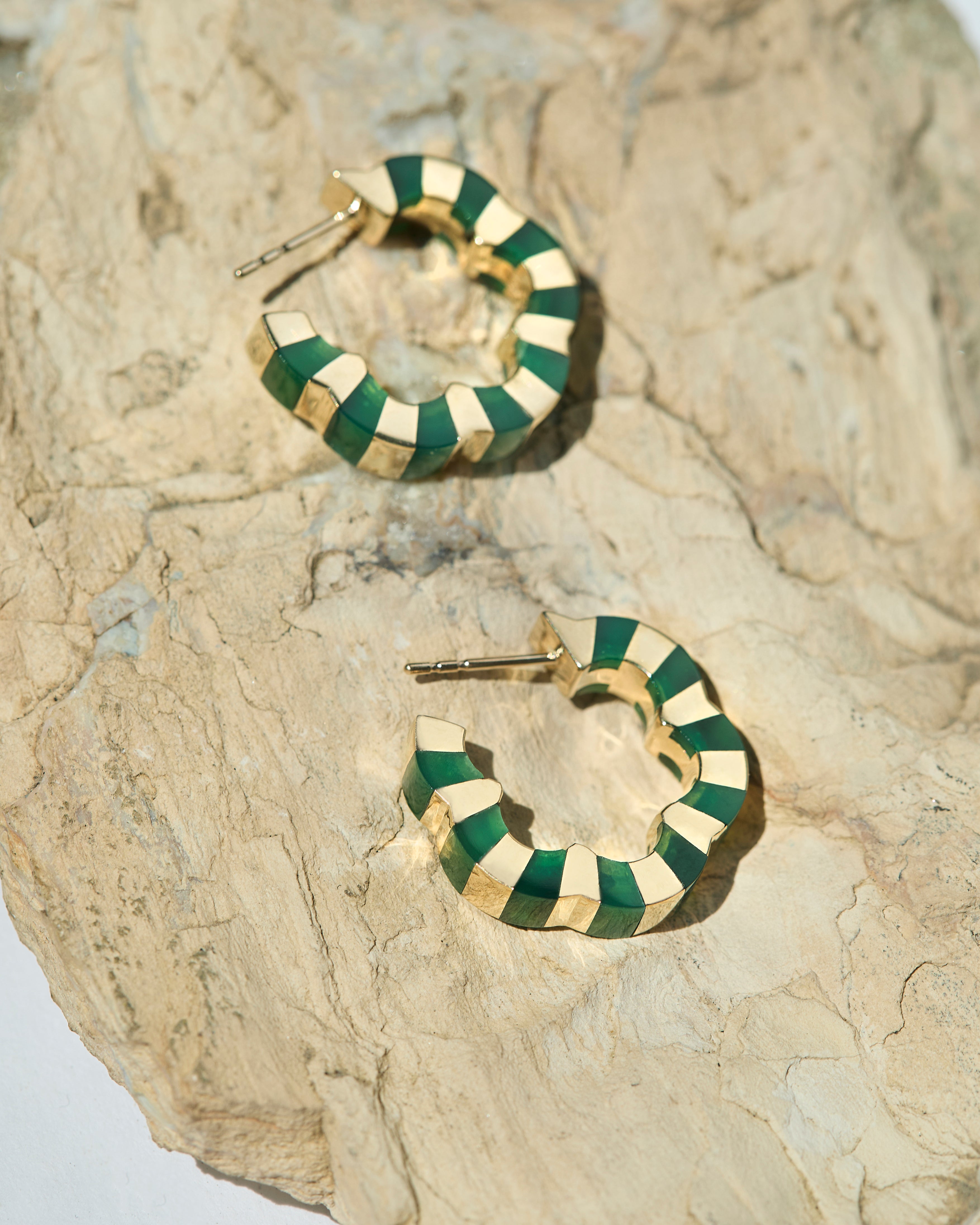 green agate carved hoops designed by Isabel Delgado