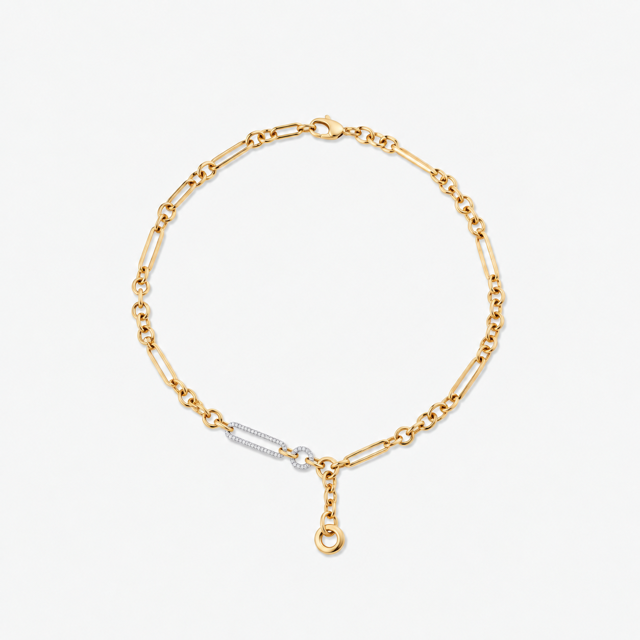 A delicate gold chain bracelet with a central silver pavé accent and a small dangling ring charm, displayed on a clean white background.