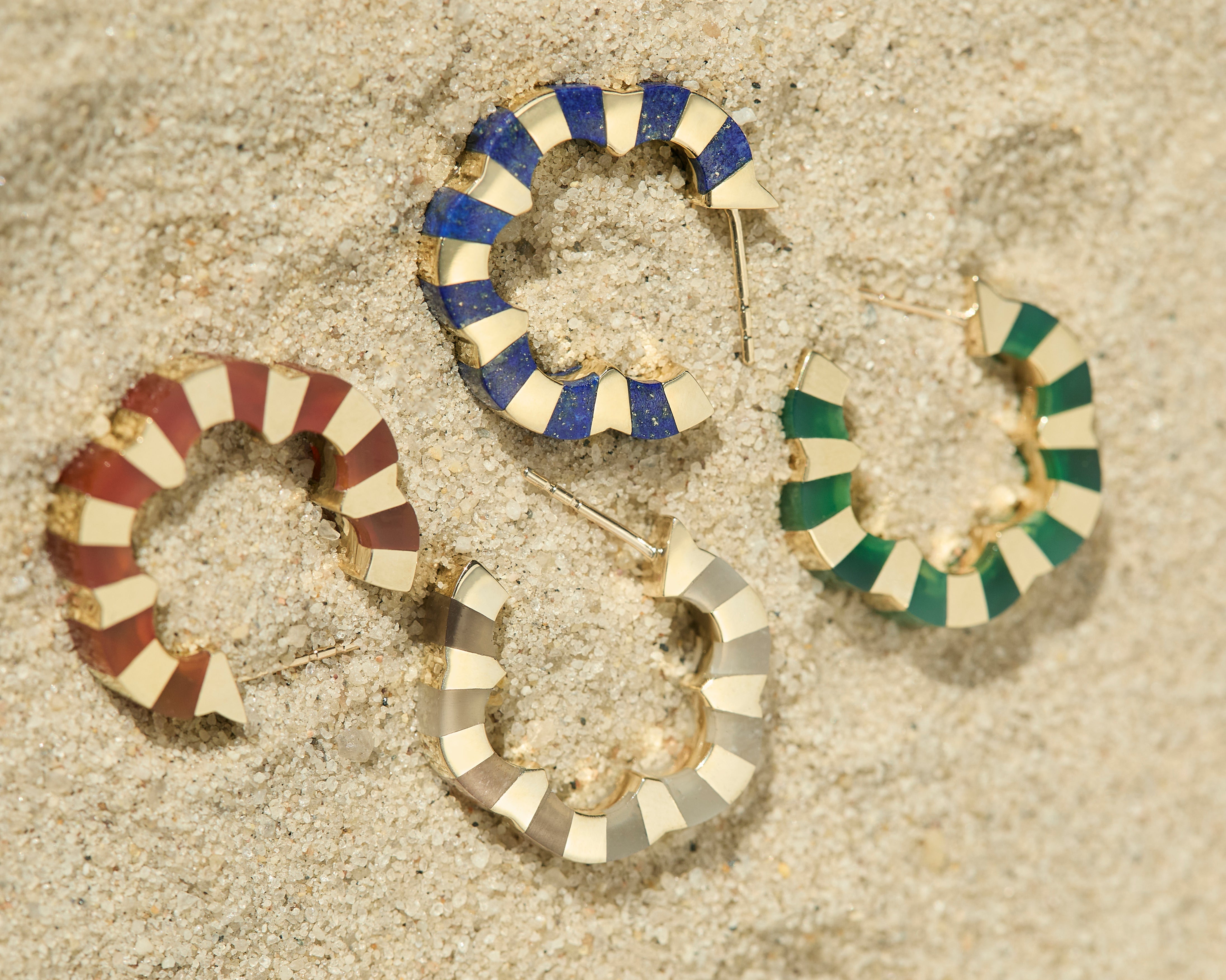 Sofia collection hoops made from carved gemstone and gold in different colors