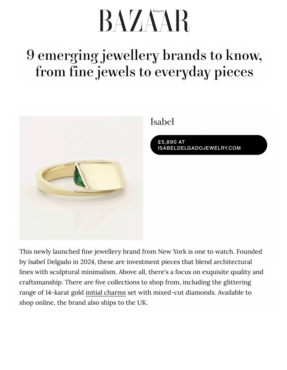 Isabel Delgado selected as one of nine emerging jewelry brands to know by Harpers Bazaar