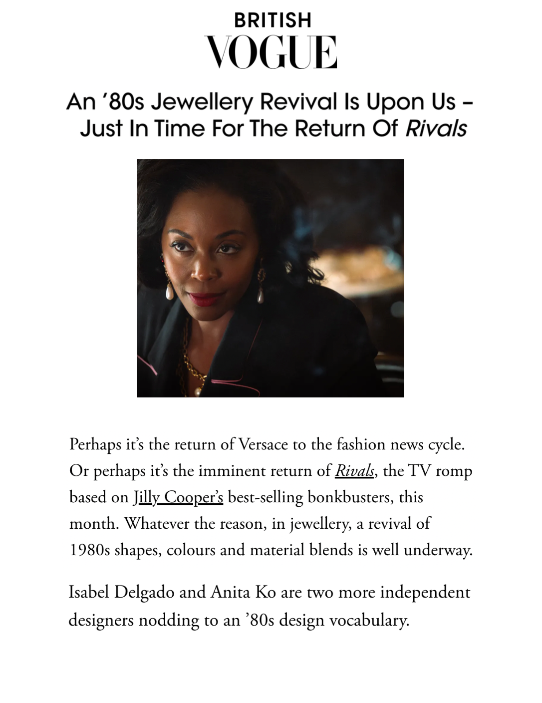 Isabel Delgado featured in Vogue Magazine who mentions her use of 80s inspired jewelry