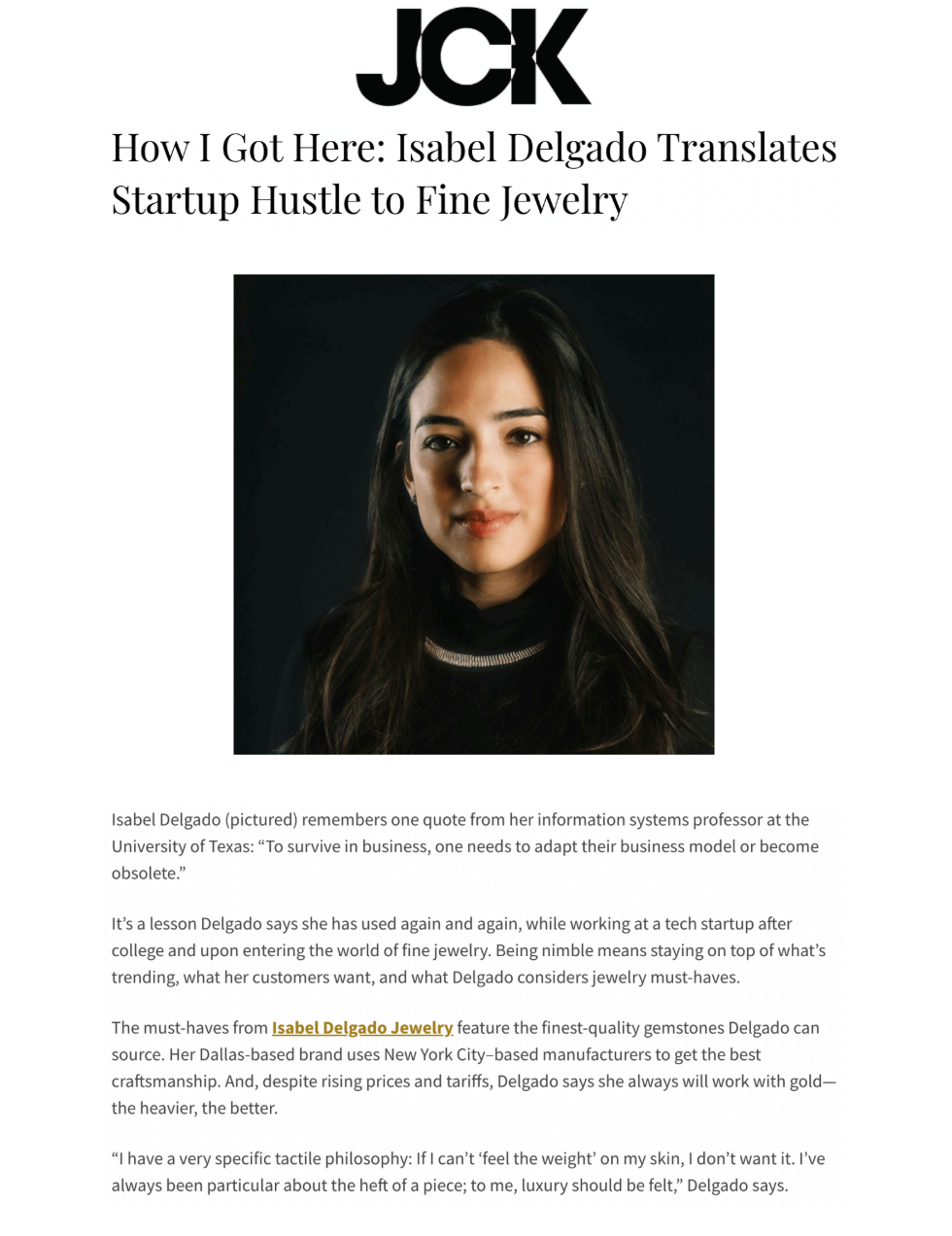 Isabel Delgado article in JCK magazine