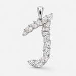 A silver pendant featuring a stylized J initial design, embellished with marquise and baguette-cut clear gemstones, shown against a light gray background.