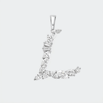 A white gold 'L' mixed cut diamonds, set against a solid light gray background.