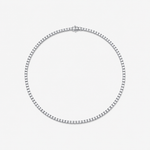 A silver-toned tennis necklace displayed on a clean, light gray background.