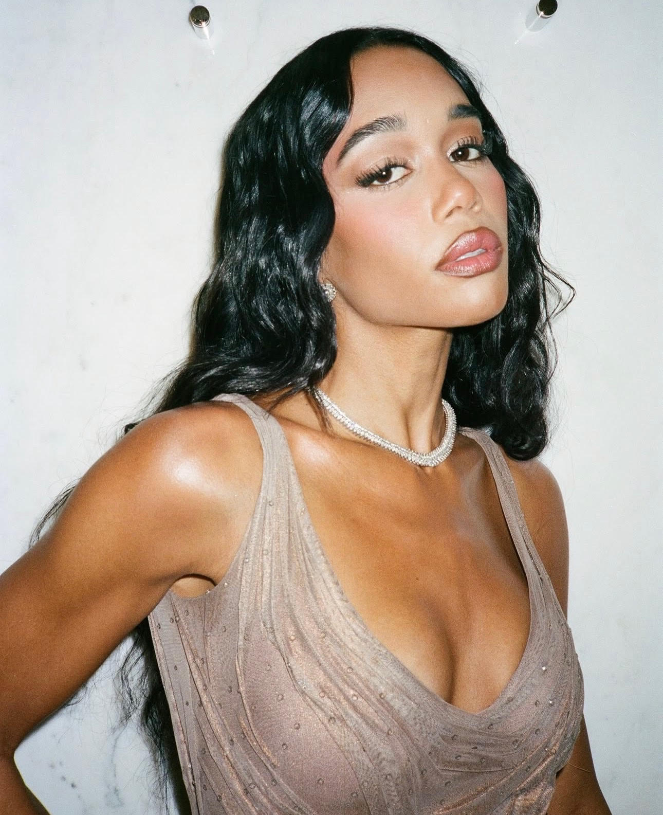 Laura Harrier wears the Sophie diamond necklace for the 2026 Met Gala in NYC, styled by Danielle Goldberg and Caroline Edison.