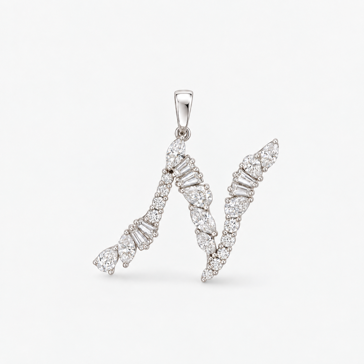 a mixed cut diamond initial forming a letter N
