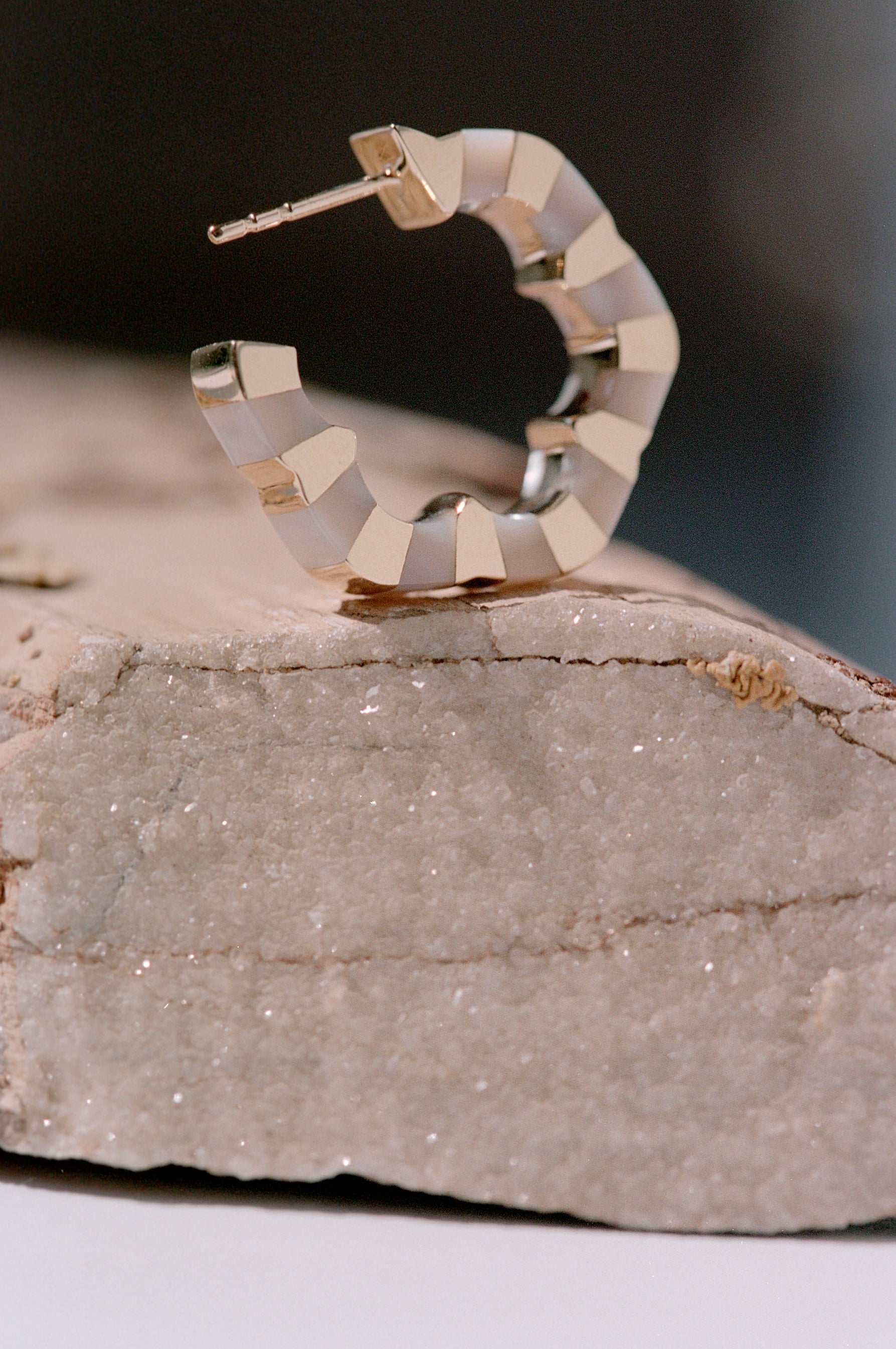 Mother of Pearl and gold hoops designed by Isabel Delgado