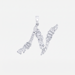 A white gold letter 'N' pendant embellished with mixed cut diamonds, shown on a plain light gray background.