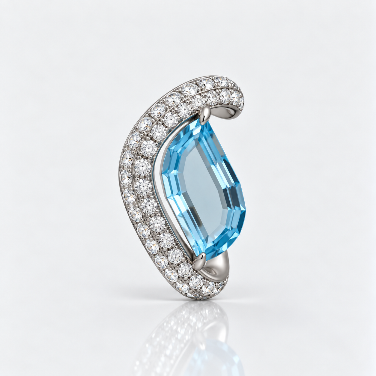 A curved silver-toned ring featuring a large, faceted light blue aquamarine gemstone surrounded by a halo of small, clear pavé diamonds, set against a clean white background with a soft reflection below.