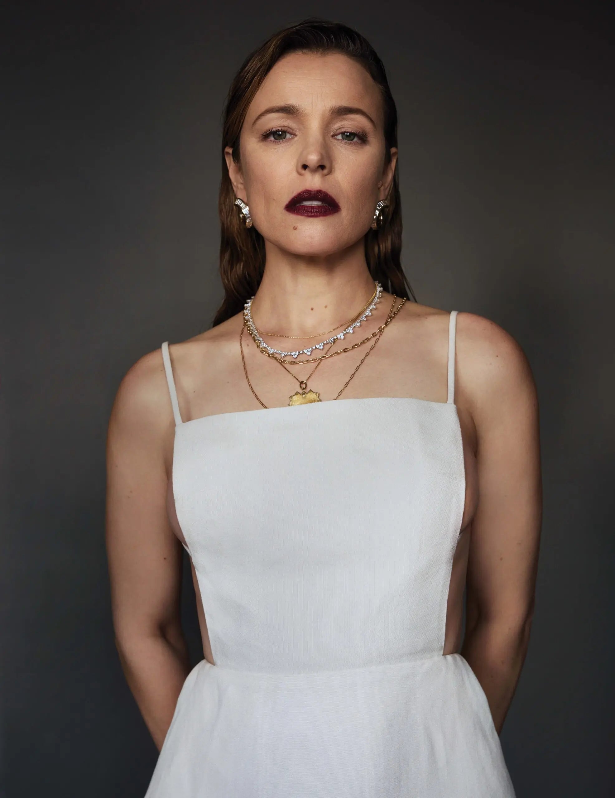 Rachel McAdams wears the Catalina Baguette earrings for Hunter Magazine, styled by Alicia Lombardini.