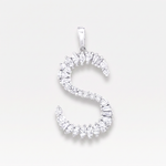An elegant S pendant shaped like the letter 'S', adorned with mixed cut diamonds, set against a light gray background.