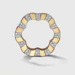 A scalloped circular ring featuring alternating polished yellow gold and diamond-set segments, photographed on a light gray background.