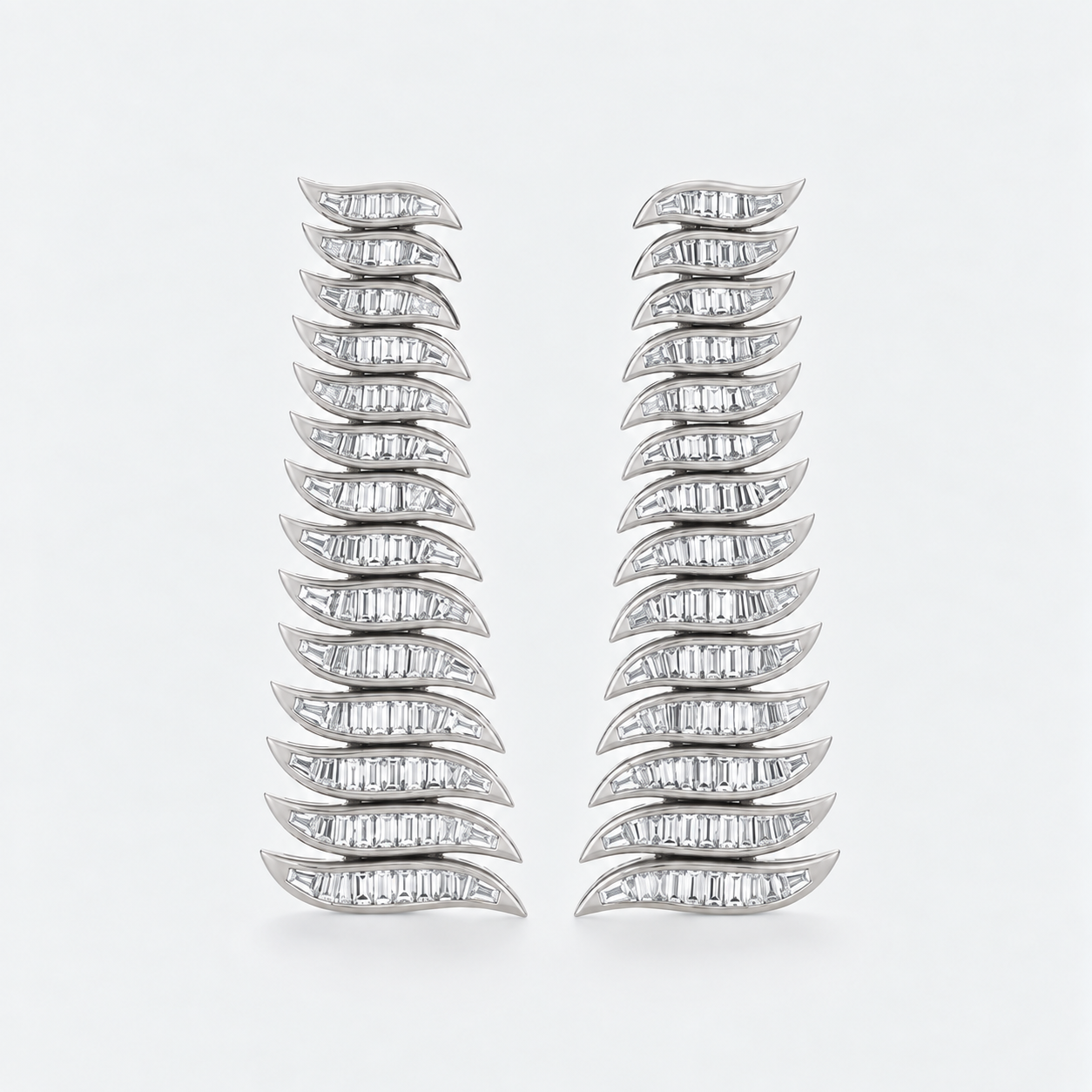 long baguette cut diamond earrings in curved shapes