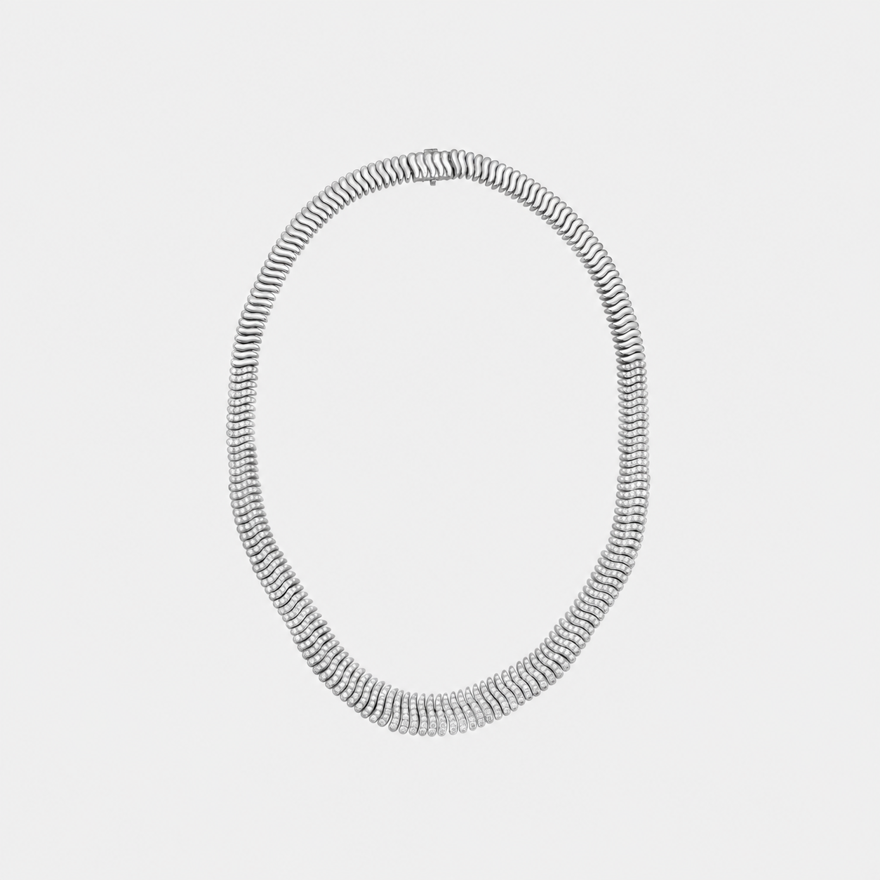 A silver-toned metal chain diamond necklace with a textured, segmented snake-style design, displayed against a solid light gray background.