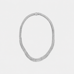 A silver-toned metal chain diamond necklace with a textured, segmented snake-style design, displayed against a solid light gray background.