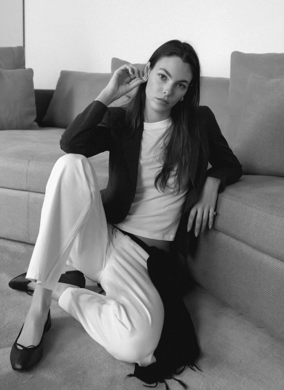 Vittoria Ceretti wearing the triple row diamond earrings for Paris fashion week 2026, styled by Natasha Colvin.