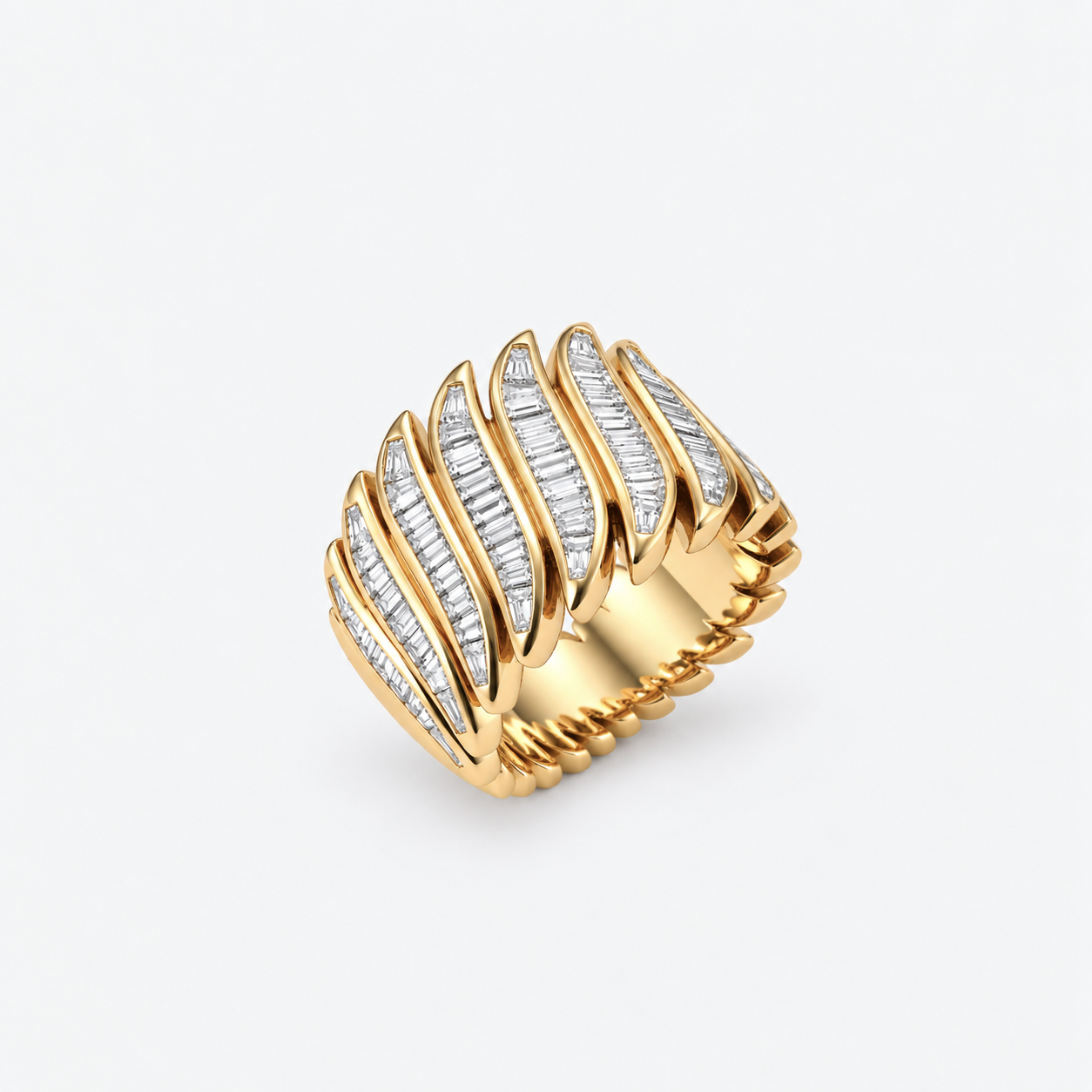 ring with baguette cut diamonds in curve shape