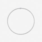 A silver-toned tennis necklace with a box link design, adorned with small diamond stones, shown against a plain light gray background.