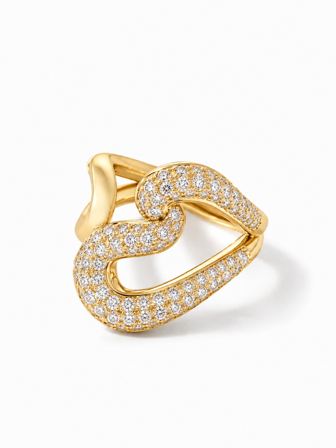 A gold ring featuring an open, intertwined double-band design paved with small clear stones, shown on a clean white background.