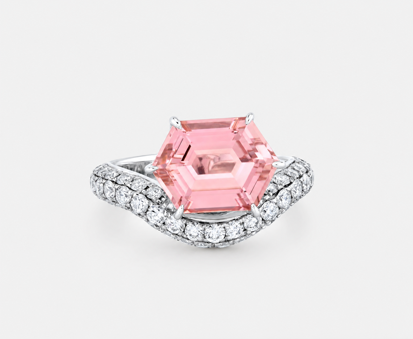pink hexagonal cut tourmaline on pave diamond wave band