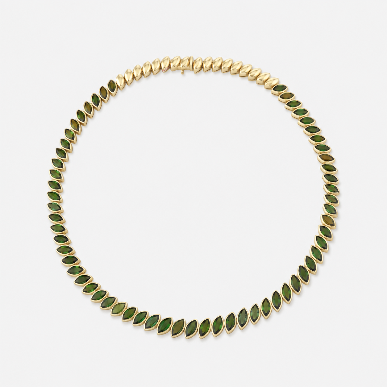 A gold necklace featuring a continuous row of marquise-cut green tourmalines, displayed on a clean light gray background.