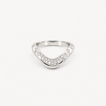 A silver V-shaped ring set with small clear pavé stones, photographed on a clean white background.
